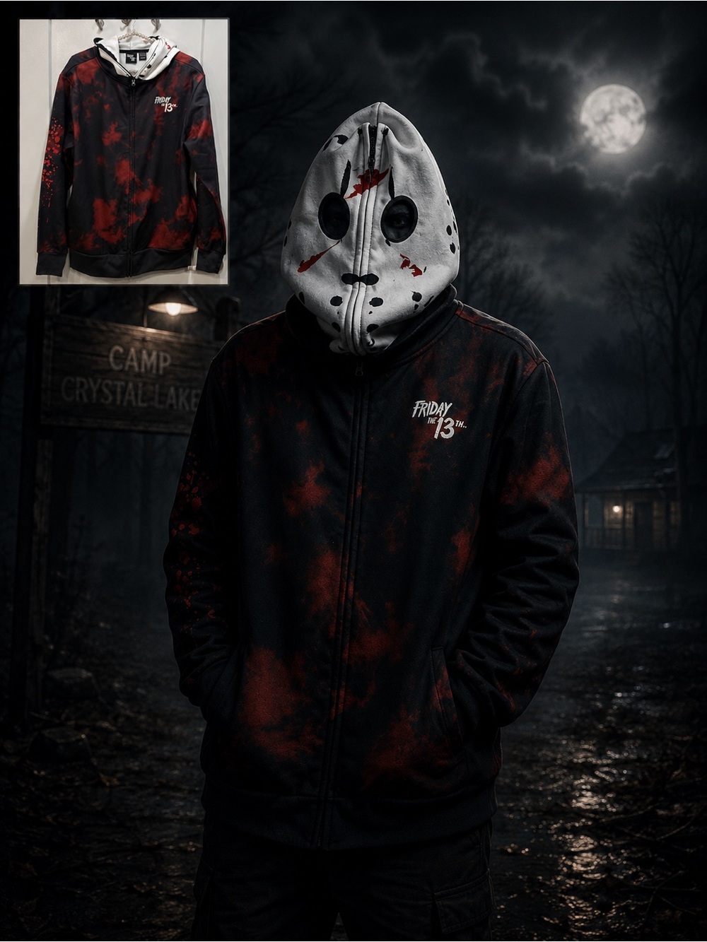 Friday The 13th Unisex Black Hoodie with Jason Mask Graphic Full Zip